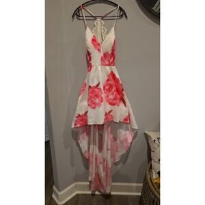 B. Smart Dress Size 11 White Pink Rose Floral High-Low Maxi V-Neck Lace